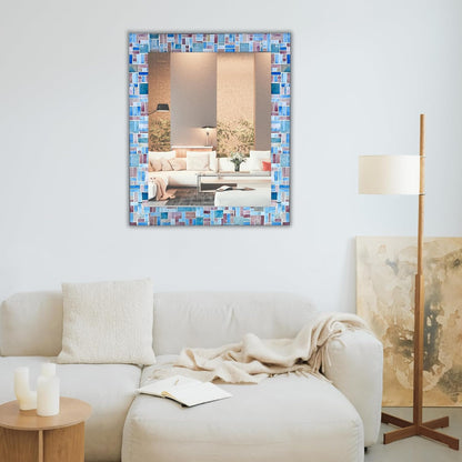 30x24 Rectangular Shape Iron Frame Wall Mirror with Glass Mosaic Tiles- Multi Blue for Vanity, Bathroom, Living Room, Home Decor