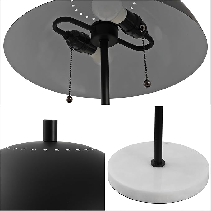 JONATHAN Y 20.75" Black/White Marble 2-Light LED Table Lamp for Modern Bedside Decor, Glam Desk Lamp, Gold Metal Dome Shade, Pull Chain Switch, Bulbs Included (JYL1071B)