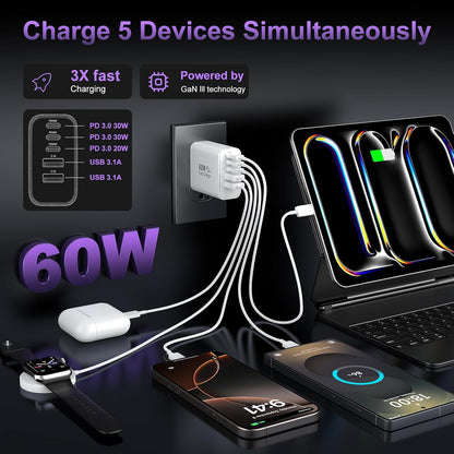 USB C Fast Wall Charger Block, 2Pack 60W USBC Charging Cubes, 5-Port PD+QC Power Adapter Multiport Brick Type C Box Plug for iPhone 16/15/14/13/12/11/Pro Max/Plus, iPad mini/Pro,Galaxy S25/S24
