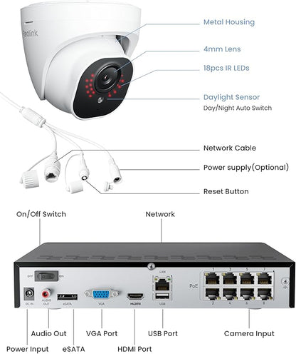 REOLINK 4K Security Camera System, 4pcs H.265 PoE Wired Turret Cameras with Person Vehicle Detection, 4K/8MP 8CH NVR with 2TB HDD for 24-7 Recording, RLK8-800D4