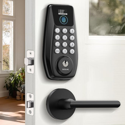 DESLOC C110 Fingerprint Keyless Entry Door Locks, Front Door Smart Lock Deadbolt with 2 Lever Handles, Auto-Lock, Backlit Keypad, 12 Months Battery, IP54 Waterproof, BHMA Grade 3 (Black)