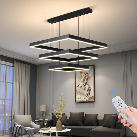 Modern LED Square Chandelier, 3 Ring Dimmable for Living, Dining, Bedroom & Foyer - High Ceiling Hanging LED Pendant Light Fixture (Black)