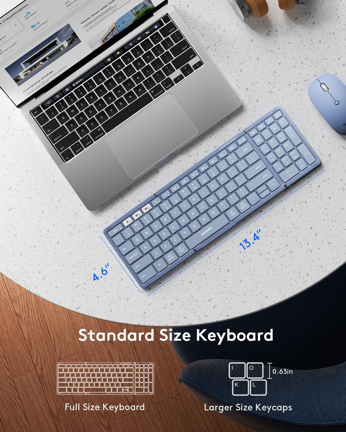 Foldable Keyboard and Mouse, Samsers Folding Bluetooth Keyboard Combo, 2.4G + BT5.0 x 2, Full-Size Portable Travel Keyboard & Rechargeable Wireless Mouse for Windows Android iOS Mac OS, Blue