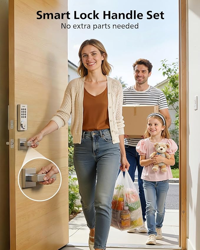 Philips WiFi Smart Door Lock with Handle, Built-in WiFi App Remote Control, Keyless Entry Door Locks for Front Door, Smart Deadbolt Auto Lock, Support Alexa & Google, IP54 Waterproof, Satin Nickel