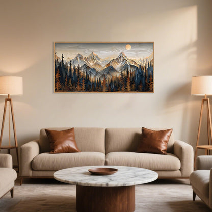Celestdeco Wood Mountain Framed Canvas Wall Art Set, Pine Trees Wall Painting, Ridge Scenery Wall Decor, Natural Sun Landscape Art Print for Living Room, Bedroom, Dining Room, Office - 20"x40"x1