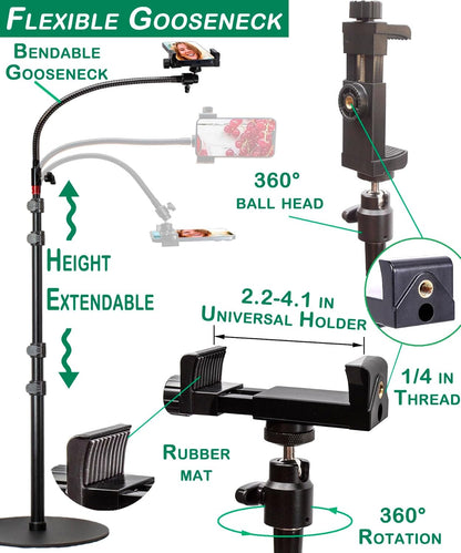 Phone Overhead Stand, Gooseneck Phone Floor Stand, Tall Video Cell Phone Mount with Height Adjustable Stand, Heavy Base, 360 Head, Works with iPhone 16, 16 Pro Max, 16 Plus, 15, 14, 13