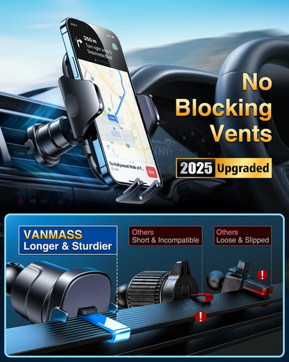 [2025 True Military-Grade] Car Phone Holder VANMASS [Upgraded Strongest Suction & Clip] Cell Phone Mount for Dashboard Windshield Vent,Truck Cradle Stand for iPhone 16 Pro Max 15 14 13 Samsung Android