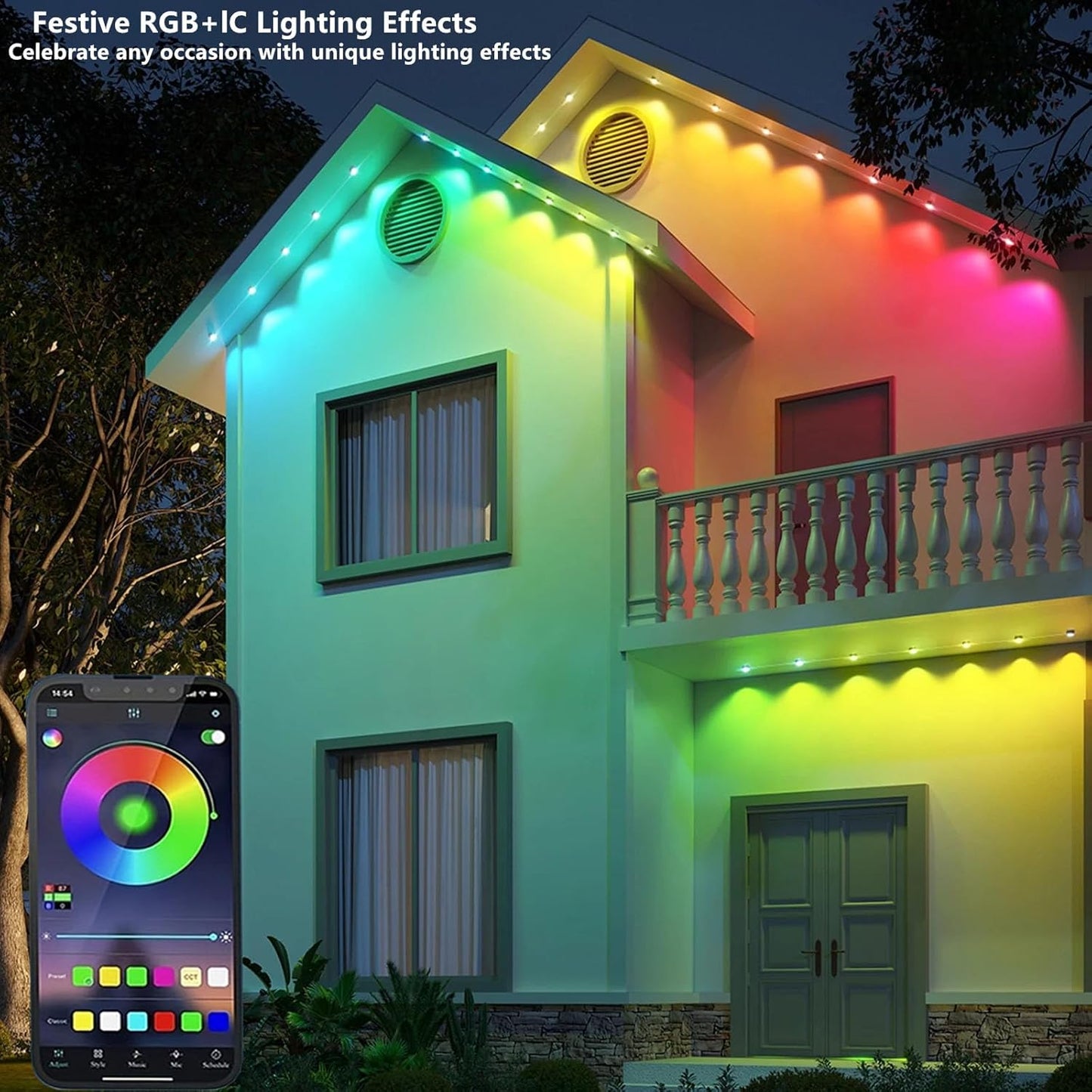 Permanent Outdoor Lights,150ft RGB + IC Smart LED Eaves Lights with App & Remote Control, IP67 Waterproof,for Christmas and All Holiday Decor,Daily and Accent Lighting,House Roof and Garden Lighting