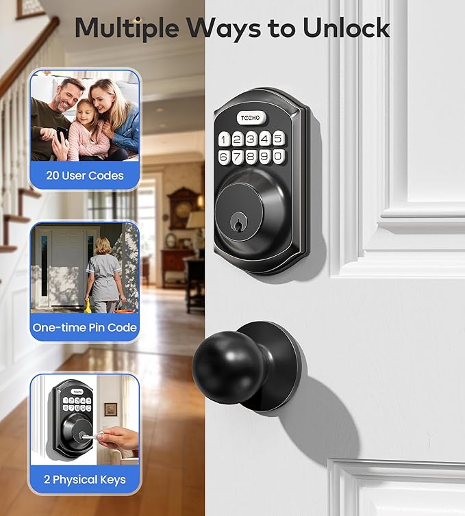 TEEHO TE001K Keyless Entry Door Lock with Handle, Electronic Keypad Deadbolt with 2 Knobs, High-Security Front Door Handle Set for Home & Rental, Smart Auto-Locking, Easy Install, Matte Black