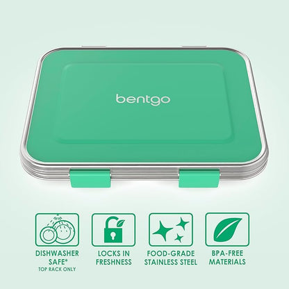Bentgo Kids Stainless Steel Leak-Resistant Lunch Box - 3-Compartments with Bonus Silicone Container, Durable, Eco-Friendly, Dishwasher Safe, BPA-Free, Ideal for School, Ages 3+ (Green)