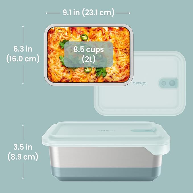 Bentgo MicroSteel Heat & Eat Container – Microwave-Safe, Leak-Proof & Airtight, Easy-to-Clean Lightweight Stainless Steel Reusable Food Storage with Silicone Lid (Family Size; 8.5-Cup Capacity; Aqua)