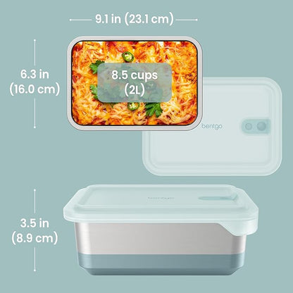 Bentgo MicroSteel Heat & Eat Container – Microwave-Safe, Leak-Proof & Airtight, Easy-to-Clean Lightweight Stainless Steel Reusable Food Storage with Silicone Lid (Family Size; 8.5-Cup Capacity; Aqua)