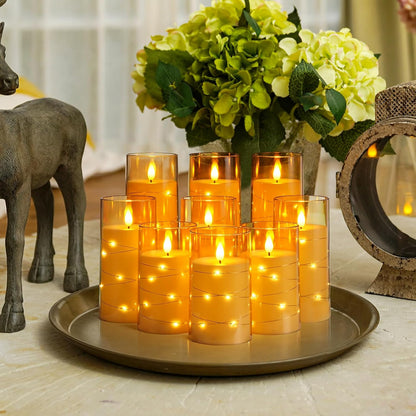 Homemory 9 Pcs Flameless Candles with Embedded Star String Fairy Lights, Battery Operated Candles, LED Candle, Fake Candles with Remote Control and Timer (Gold)