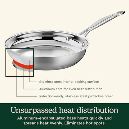 Cuisinart 8-Inch Open Skillet, Stainless Steel Skillet with Lid, Large Kitchen Pan, Dishwasher Safe, Compatible with Induction, Electric, Gas Cooktops, Oven Safe Saucepan, Cool Grip Handles