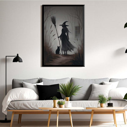 JFHCQJPK Vintage forest witch and black cat poster Halloween mural poster decoration mural art magic suitable for home living room bedroom8x12in Metal blackFramed