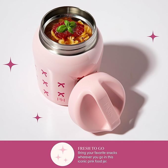 Paris Hilton Stainless Steel Food Jar, Double Wall Vacuum Sealed Insulated Food Storage Container with Carry Handle Lid, 24-Ounce, Pink with Bow Design