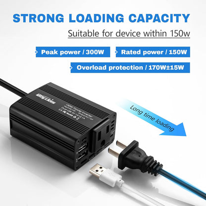150W Car Power Inverter DC 12V to 110V AC Car Adapter for Plug Outlet with 3.1A Dual USB Car Charger for Laptop Computer-Black