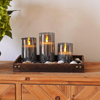 Homemory Grey Glass Flameless Candles, Battery Operated LED Pillar Candles with Remote Control and Timer, Radiance Candles, Real Wax, Set of 3,D3 xH4 5" 6"