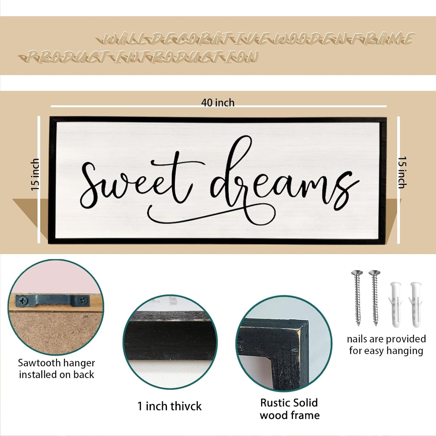 comurdyo Sweet Dreams Wall Decor Above Bed Sign 40" x 15" Master Bedroom Wooden Antique Framed Large Rustic Farmhouse Guest Room Beautiful Simple Hanging Plaque Over Bed Wall Art (Black)