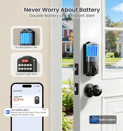 Veise VE012W-K Built-in WiFi Fingerprint Smart Lock with 2 Knobs, No Hub Needed, Remote APP Control, Keyless Entry Door Lock, Smart Deadbolt for Front Door, Auto Locking, Matte Black