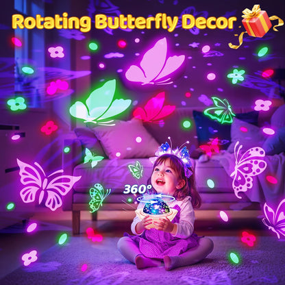 One Fire Unicorns Gifts for Girls Toys, 6 Films Unicorn Night Light Projector for Bedroom,Rechargeable Night Light for Girls Gifts,360° Rotating Butterfly Lamp,Unicorn Toys Mermaid Toys Princess Gifts