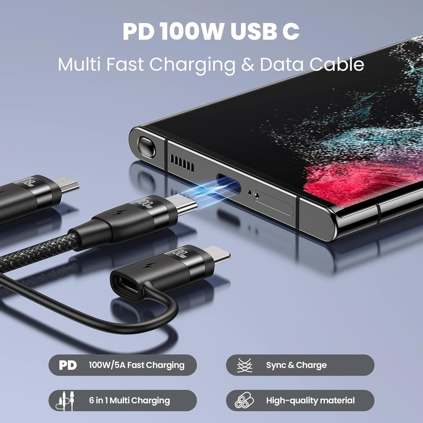 100W USB C Multi Charging Cable, USAMS 6.6FT 5-in-1 5A Fast Sync Charger Adapter Nylon Braided Type-C Cable for Laptop/Tablet/Phone and More