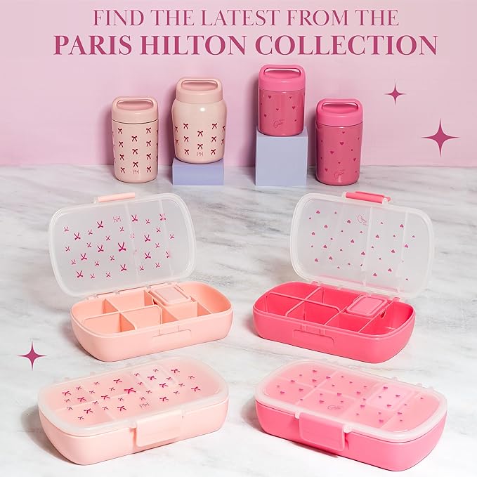 Paris Hilton Stainless Steel Food Jar, Double Wall Vacuum Sealed Insulated Food Storage Container with Carry Handle Lid, 16-Ounce, Pink with Bow Design