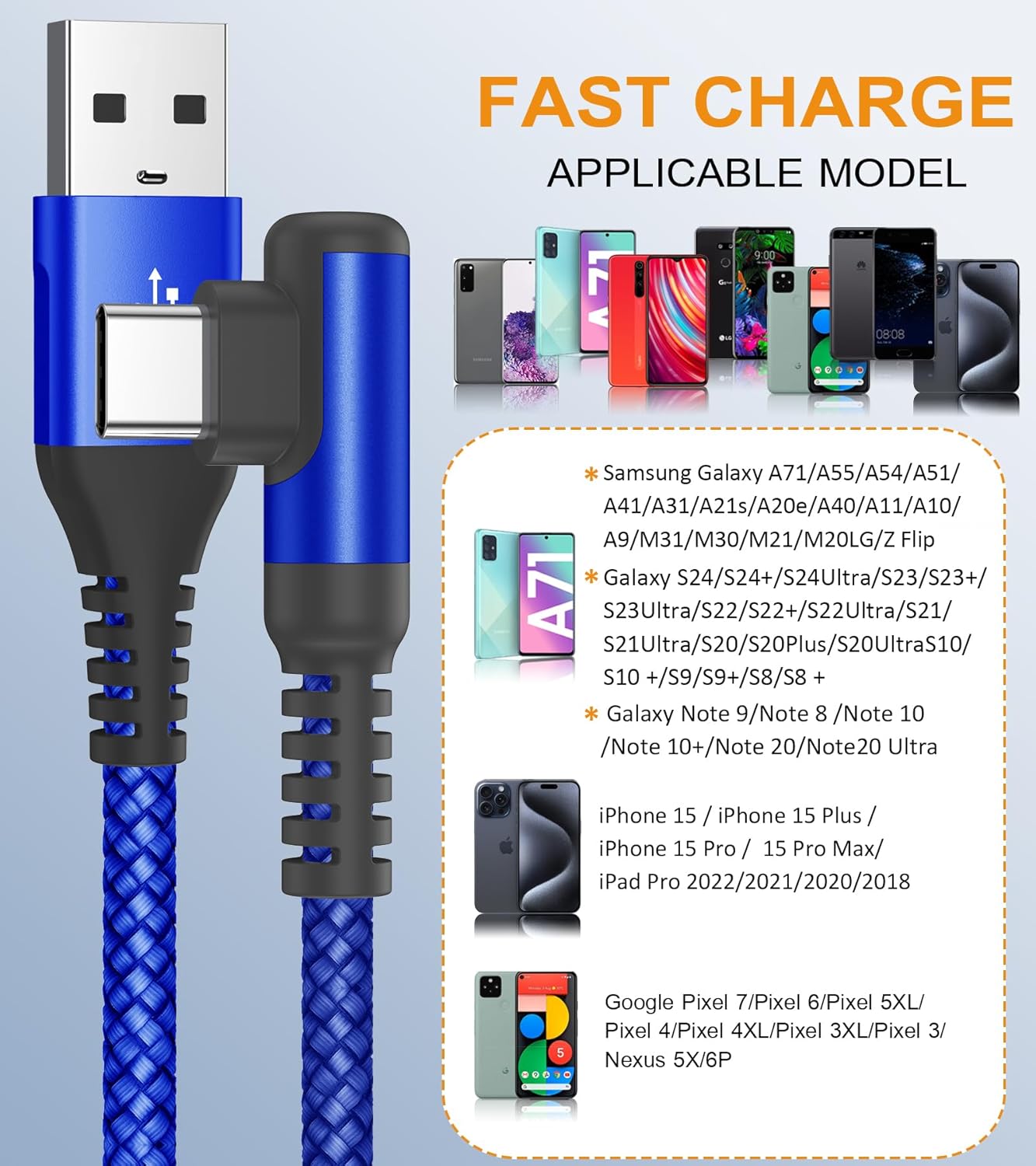 sweguard USB Type C Charger Cable Right Angle [2-Pack,3.3FT] iPhone 15 Charger Nylon Braided Cord for iPhone 16 15 Pro Max Samsung Galaxy S25 S24 S23 S22 S21 S20 S10 S9 Note A15 A55 Flip Pixel LG Moto