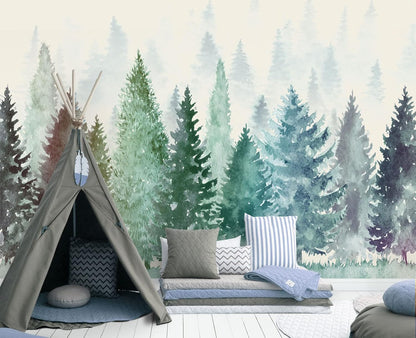 Colorful Watercolor Forests Children's Nursery Wall Mural Wallpaper 178" x 117"