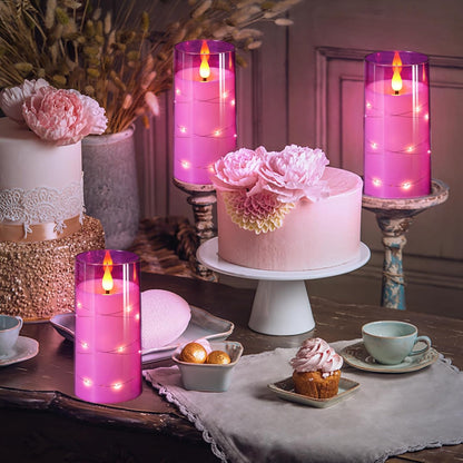 NURADA Flickering Flameless Candles: Built-in Star String Lights 3D Wick Acrylic Battery Operated LED Pillar Candles with Remote and Timer for Table Wedding Centerpieces Party 3 Pack Purple