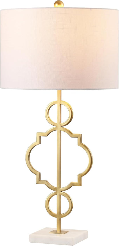 JONATHAN Y 31" Gold Modern Quatrefoil LED Table Lamp, Contemporary Metal Iron Lamp with White Marble Base and Linen Drum Shade for Living Room Bedroom, LED Bulb Included JYL3026A