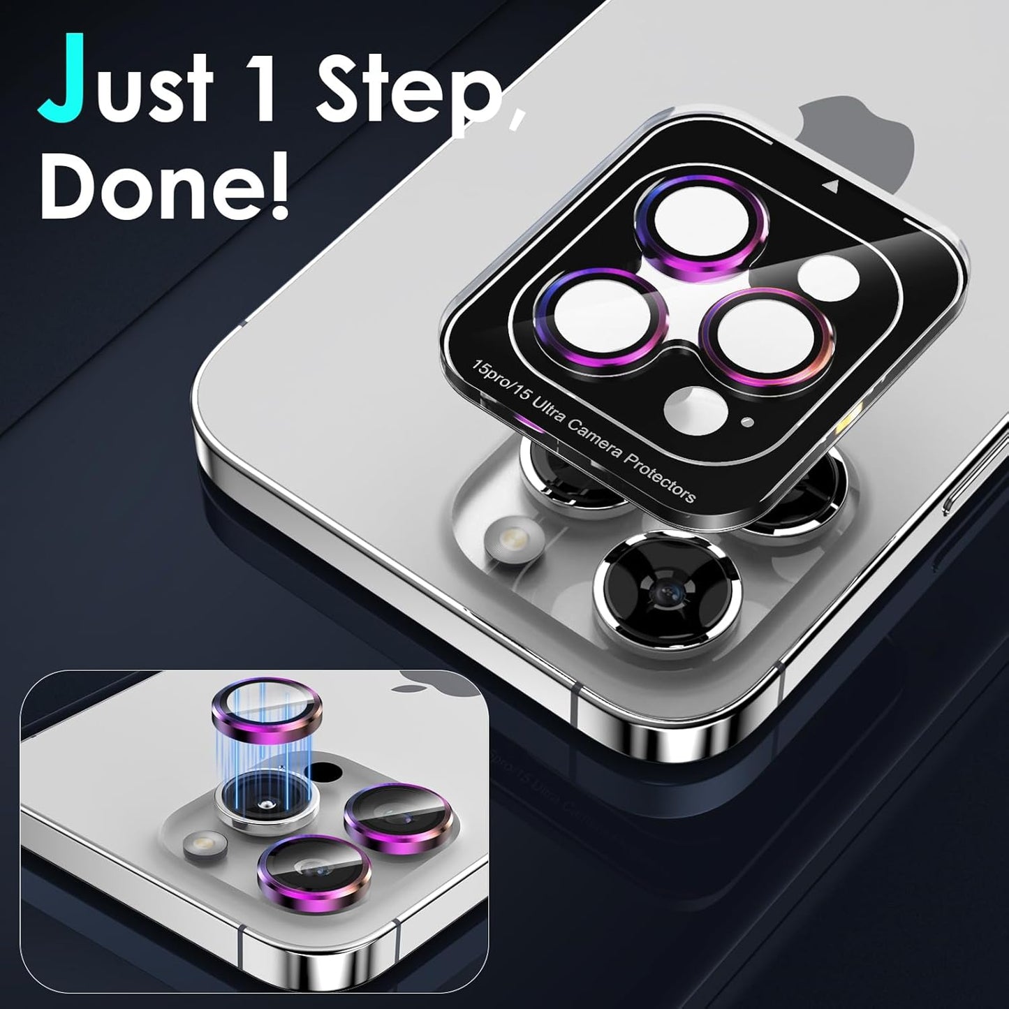 YWXTW CameraLens Protector,[1 Step Installation Tray] Tempered Glass Screen Metal Individual Cover Accessories Case Friendly (Multi-Coloured Titanium) (iPhone 15 Pro/15 Pro Max)