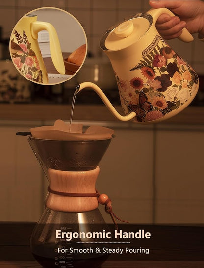 0.8L/27oz Gooseneck Electric Kettle - ±1℉ Precise Temperature Control for Pour Over Coffee & Tea, 1200W Fast Heating, Auto Shut-Off, Built-in Brew Timer, BPA-Free Stainless Steel, Floral