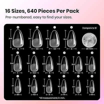 Beetles Gel Nail Tips Almond Shape Medium Curve-EX, 640pcs 16 Sizes, Etch-X Half Matte Full Cover Soft Acrylic False Nail Tips Easy DIY Press on Nail Extension Art Salon for Curved & Natural Nail Beds