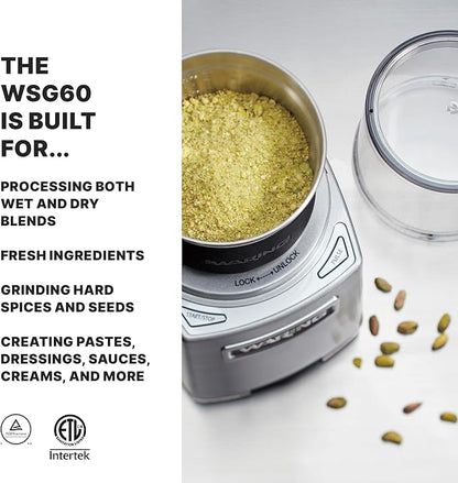 Waring Commercial WSG60 3 Cup Spice Grinder, 1 HP Motor, 20,000 RPM's, Pulse Actuation, Includes 2 stainless steel grinding-bowls-120V, 175W, 5-15 Phase Plug, 0.9 cu. ft.