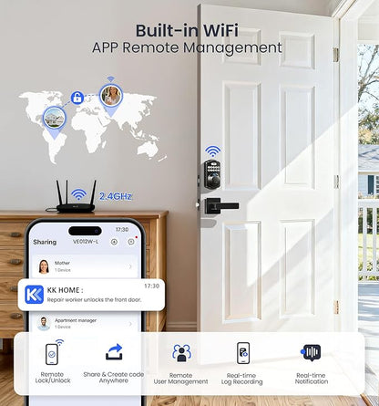 Veise VE012W-L Built-in Wi-Fi Fingerprint Smart Lock with Lever Handle Set, App Remote Control, Keyless Entry for Front Door, Deadbolt Digital Backlit Keypad, Voice Assistant, Auto Lock, Matte Black