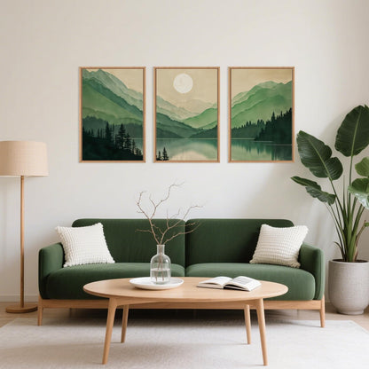 Celestdeco Watercolor Mountains Framed Canvas Wall Art Set, Boho Sun Forests Wall Decor, Green Scenery Wall Painting, Modern Woodland Artworks for Living Room, Bedroom, Dining Room, Office - 16"x24"x3