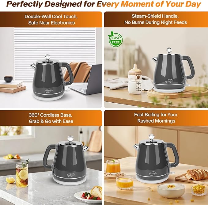 Retro Electric Kettle 1.8L, All Stainless Steel Hot Water Electric Kettle for Boiling Water, BPA Free Tea Kettle, 1350W Fast Boil, Auto Shut Off & Boil-Dry Protection