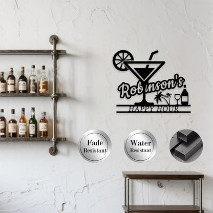 Happy Hour Metal Bar Sign - Personalized Wine Wall Art, Rustic Home Bar Decor, Custom Cocktail & Wine Themed Metal Signs for Indoor/Outdoor - MADE IN USA