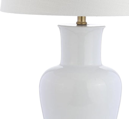 JONATHAN Y 29" White/Gold Traditional Ceramic Urn LED Table Lamp for Bedroom Decor, White Linen Drum Shade, Classic Nightstand Lamp for Living Room, LED Bulb Included JYL4026A