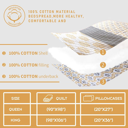 PANGUSHAN Quilt Set King Size,100% Cotton Bedspread Quilt Bedding Set,Floral Patchwork Quilt Set for King Bed,Yellow/Grey/White Bed Spread,Lightweight Comforter Reversible Quilt,All Season,3 Pieces