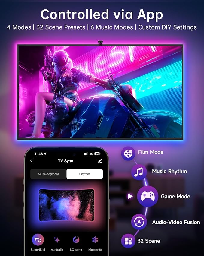 AOC TV Backlight Sync to Screen, Behind TV LED Changing Lighting for 75-85 Inch TVs, RGB LEDs Strip Lights with Sensor for Home Decorations Smart App Control, Movie Game Music & DIY Mode, 18.0FT