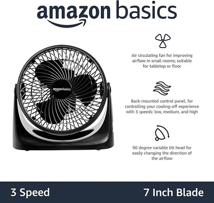 Amazon Basics Air Circulator Desk Fan for Bedroom, Home and Office, 90-Degree Tilt Head, 3 Speed Settings, Cooling, 35 Watts, Black, 11.1"W x 6.3"D x 10.9"H