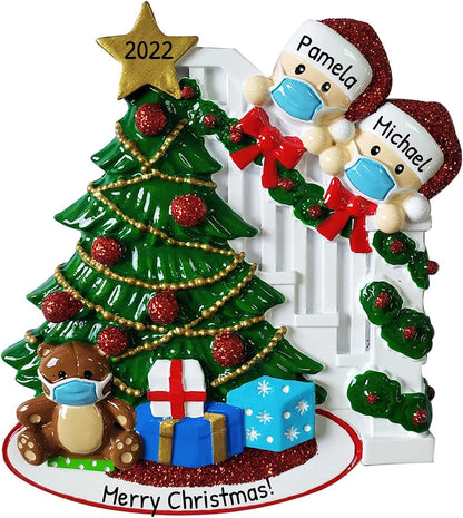 3D Personalized Our First Christmas Ornament 2025 | Peeking Over Staircase Couple Ornaments in Mask Couples Ornament 2025 Family of 2 Unique for a Couple Ornaments Couples Gifts