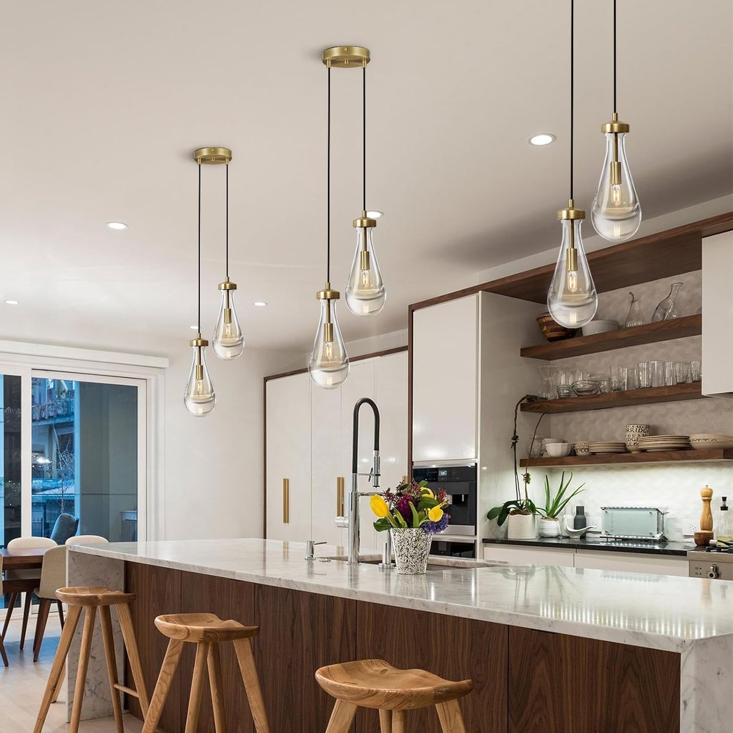 Brass Raindrop Pendant Lights Kitchen Island 2-Light, Cluster Gold Pendant Light Fixture for Bedroom, Dimmable Dining Room Light Fixture Hanging Pendant Lighting Ceiling Chandelier for Foyer