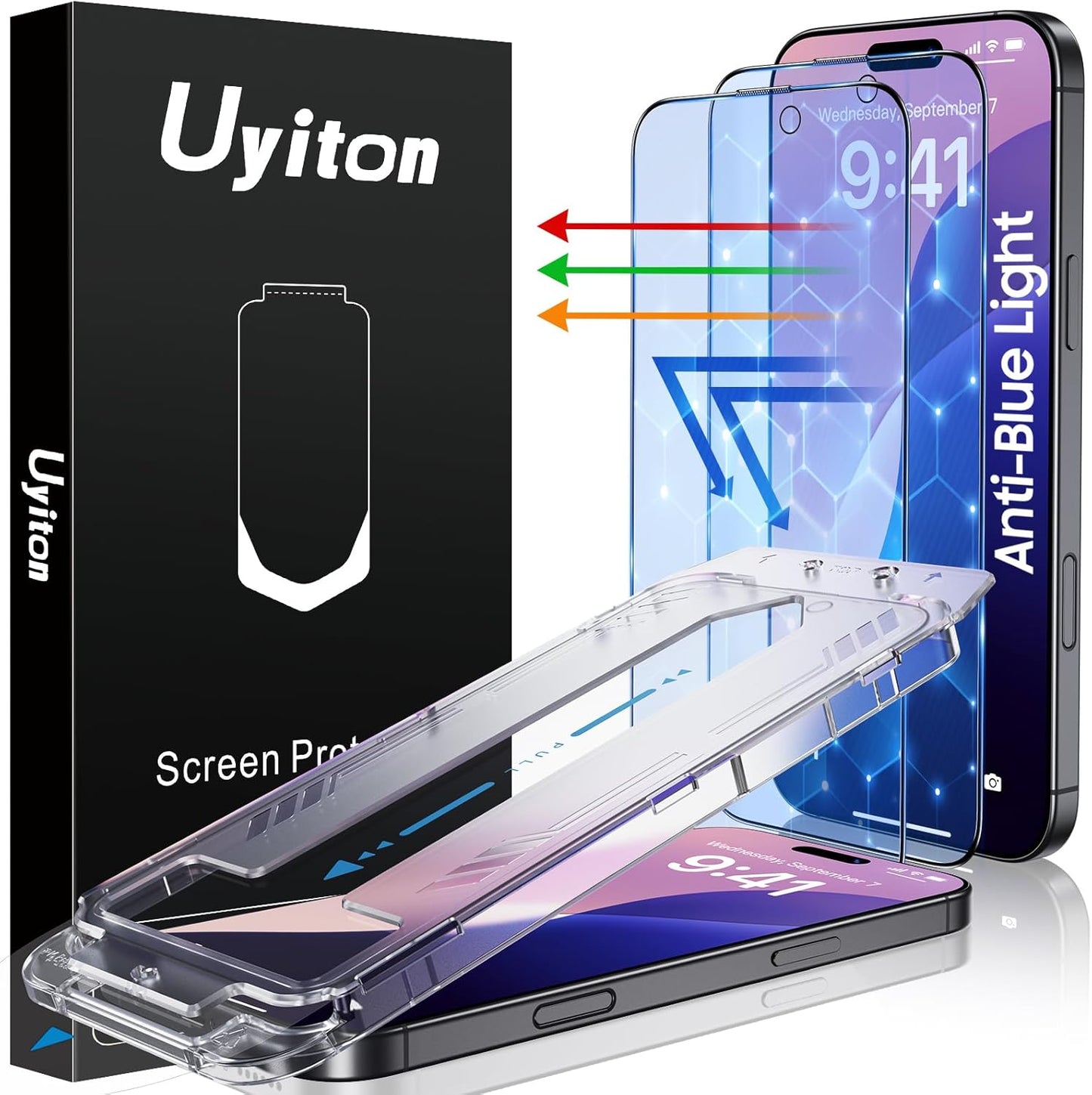 Uyiton Compatible with iPhone 16 Screen Protector (Anti-Blue Light) - [Easy to Install] Shatterproof Full Coverage [Case Friendly] 9H Tempered Glass Screen Protector for iPhone 16, 2 Pack