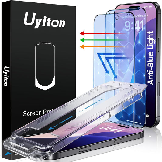 Uyiton Compatible with iPhone 16 Screen Protector (Anti-Blue Light) - [Easy to Install] Shatterproof Full Coverage [Case Friendly] 9H Tempered Glass Screen Protector for iPhone 16, 2 Pack