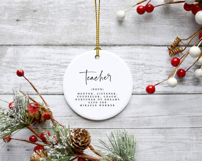 Andaz Press Round Ceramic Porcelain Christmas Tree Ornament for Teacher Thank You Gift, Teacher Definition, (Noun), Mentor, Listener, Counselor, Nurturer of Dreams, Also See Miracle Worker, 1-Pack