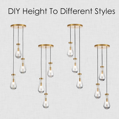 3-Light Raindrop Pendant Light Fixtures, Brass Glass Pendant Lighting, Teardrops Modern Hanging Light for Entryway Foyer Kitchen Island Dining Living Room Hallway