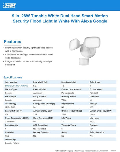 Feit Electric Smart Outdoor Flood Lights with Motion Sensor, 28W LED WiFi Security Light with Dusk to Dawn Compatible with Alexa and Hey Google, Tunable White, 2 Head, Hardwired, S9DFL/CCT/MOT/WH/AG